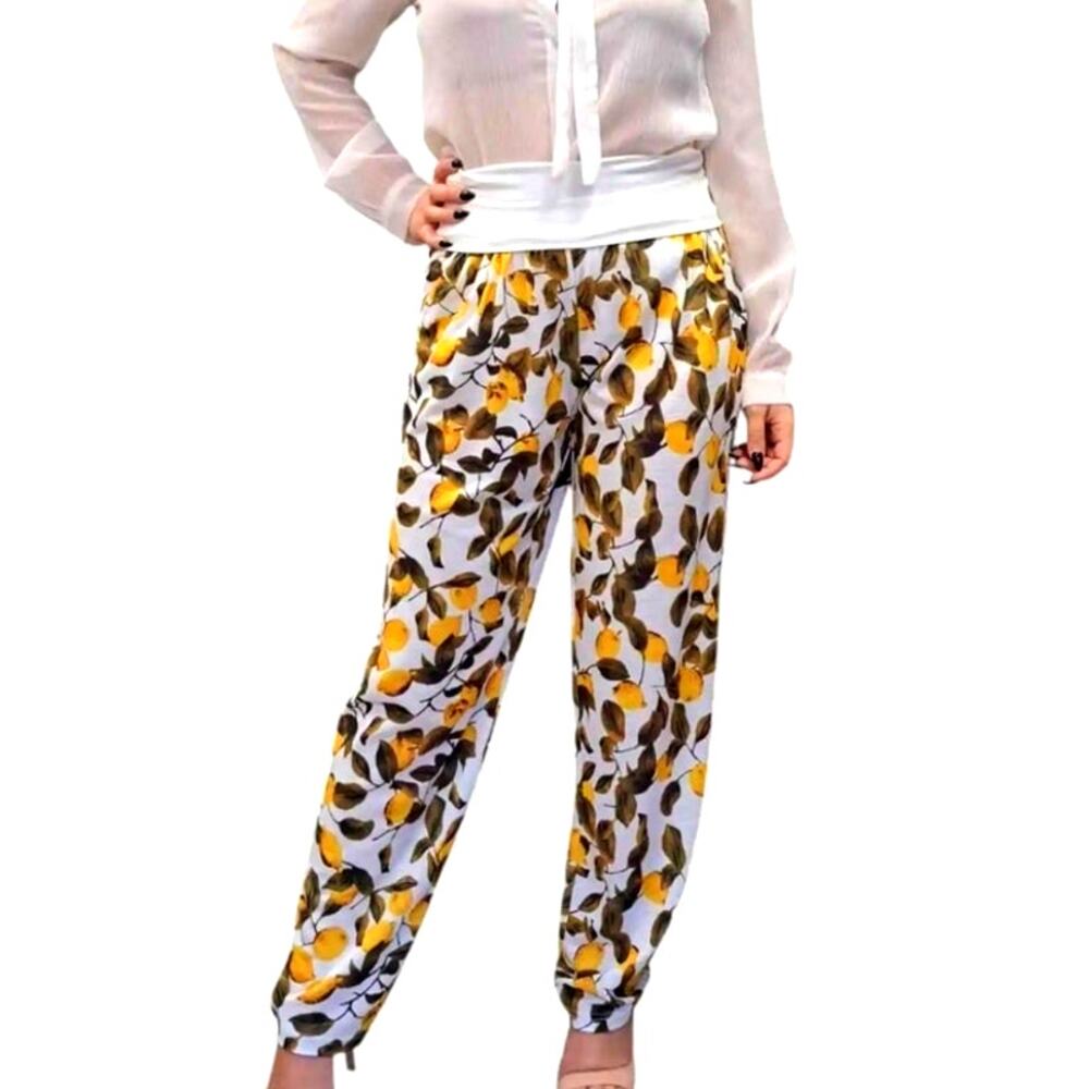 Solitaire Size Large Lemon Yellow Print Jogger Pant Pull On Beach  Pockets  #909